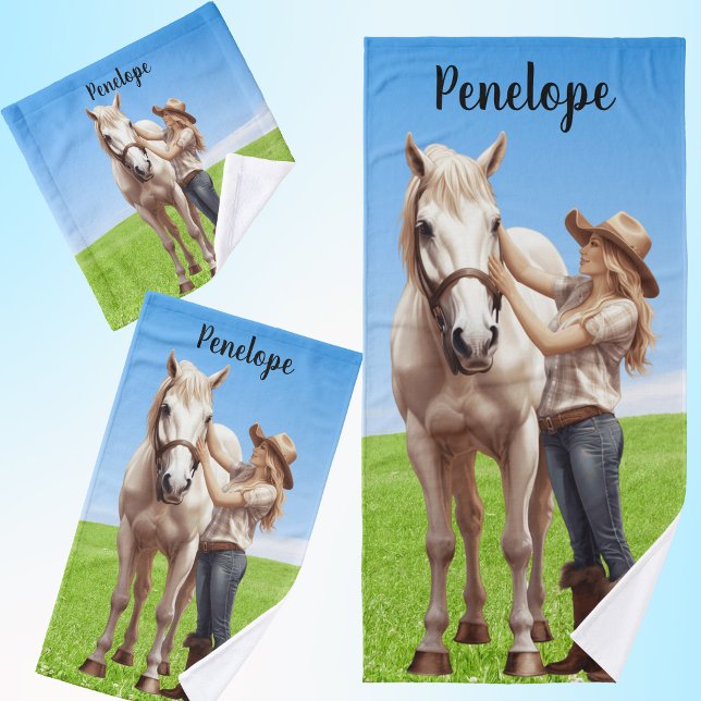 Horse Girl Horseback Riding Meadow Personalised Bath Towel Set (Creator Uploaded)