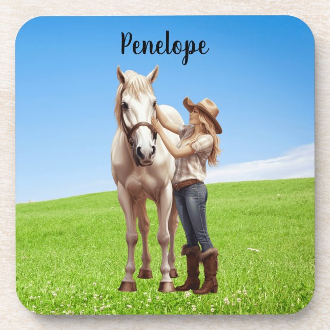 Horse Girl Horseback Riding Meadow Personalised Coaster (Front)