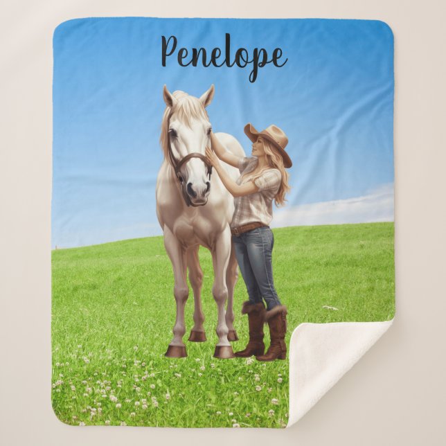 Horse Girl Horseback Riding Meadow Personalised Sherpa Blanket (Front)