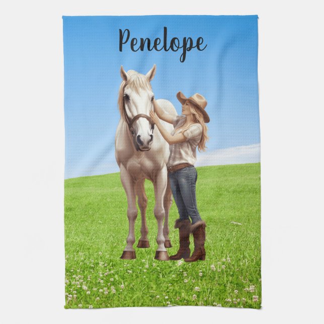 Horse Girl Horseback Riding Meadow Personalised Tea Towel (Vertical)