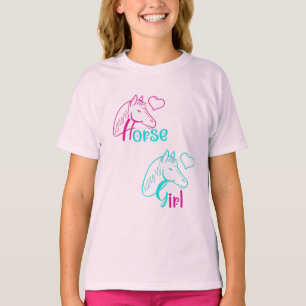 Horse Girl in Pink and Turquoise T-Shirt