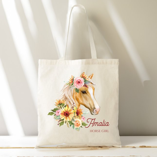 Horse girl Palomino horse with sunflowers custom Tote Bag (Horse girl Palomino horse with sunflowers customized name Tote Bag gifts for her horse lovers gifts)