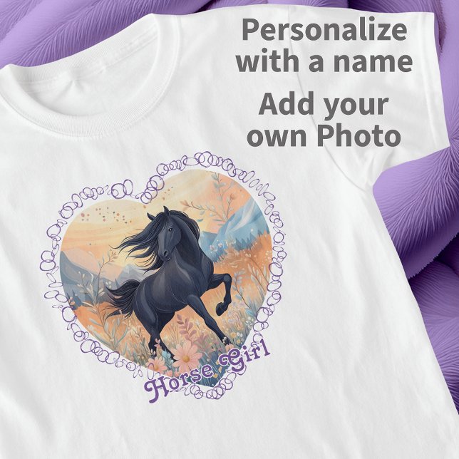 Horse Girl Personalised Black Wild Stallion Floral T-Shirt (Horse Girl Personalized Black Wild Stallion Floral T-Shirt. Personalize with your name and photo!)