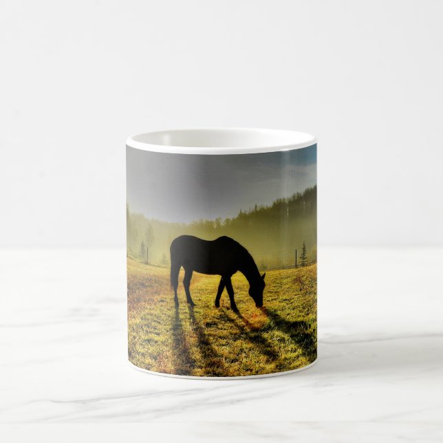 Horse Grazing at Sunrise in Misty Field Photo Coffee Mug (Center)