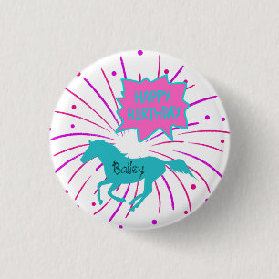 Horse Happy Birthday Pink Purple Turquoise 3 Cm Round Badge