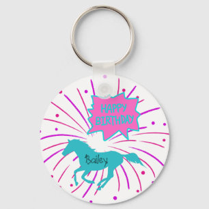 Horse Happy Birthday Pink Purple Turquoise Key Ring