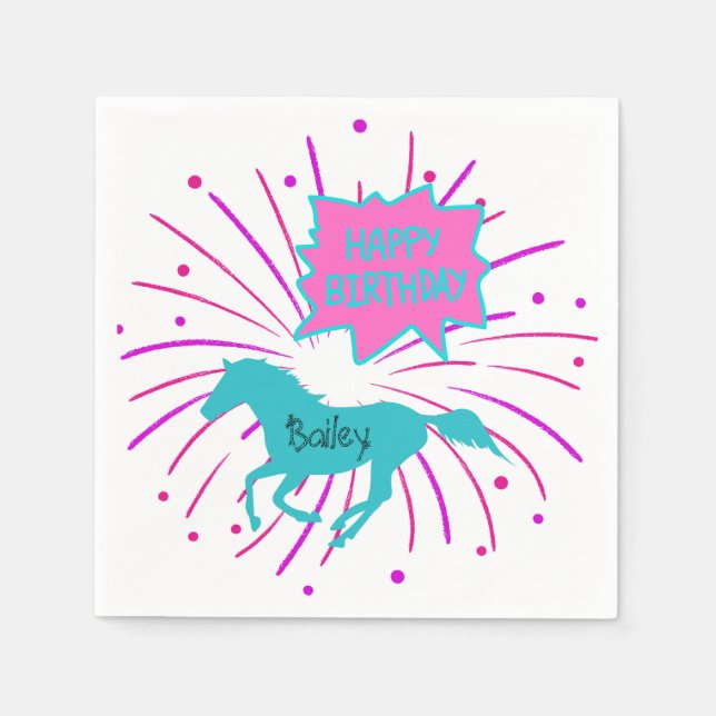 Horse Happy Birthday Pink Purple Turquoise  Napkin (Front)