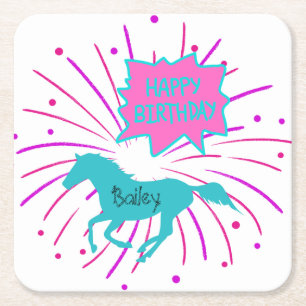 Horse Happy Birthday Pink Purple Turquoise Square Paper Coaster