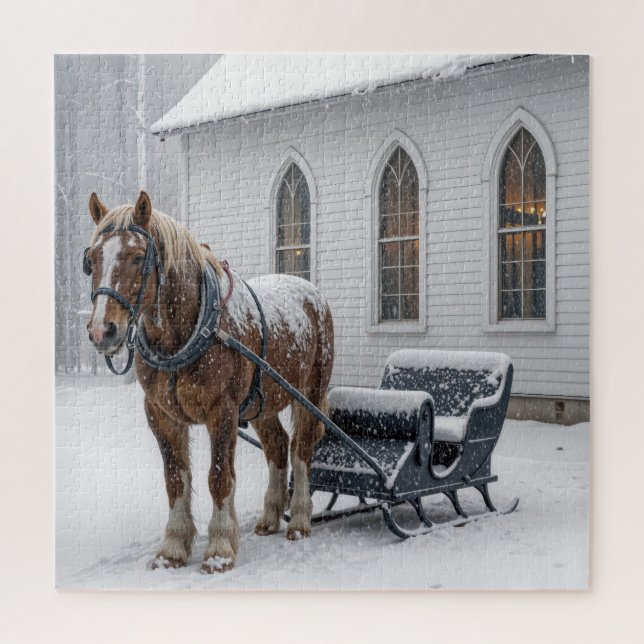 Horse Harnessed to a Sleigh By a Church Jigsaw Puzzle (Vertical)