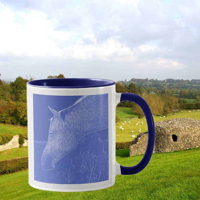 Horse Head Blue and White Art  Profile Portrait Mug (Front with Background)