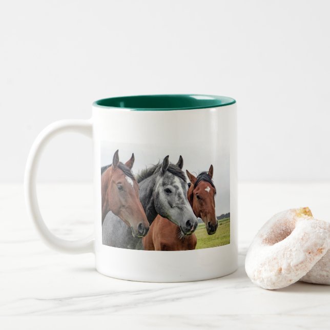 Horse Head Classic White Mug Equestrian Green Rim (With Donut)