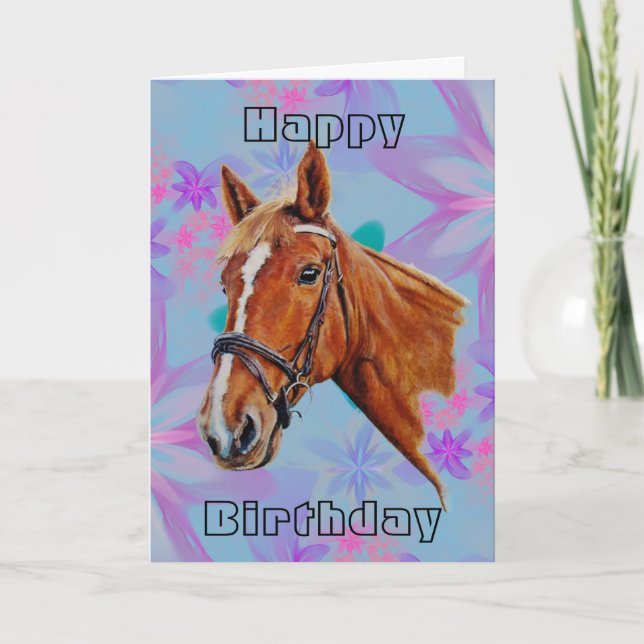 Horse head on flowers Happy Birthday. Card (Front)