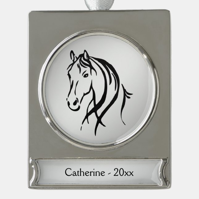 Horse Head on Silver Name and Year Silver Plated Banner Ornament (Front)