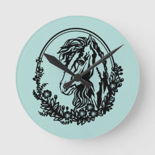Horse head with flowers round clock