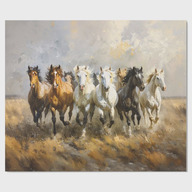 Horse Herd Galloping Painting Decoupage Wrapping Paper (Flat)
