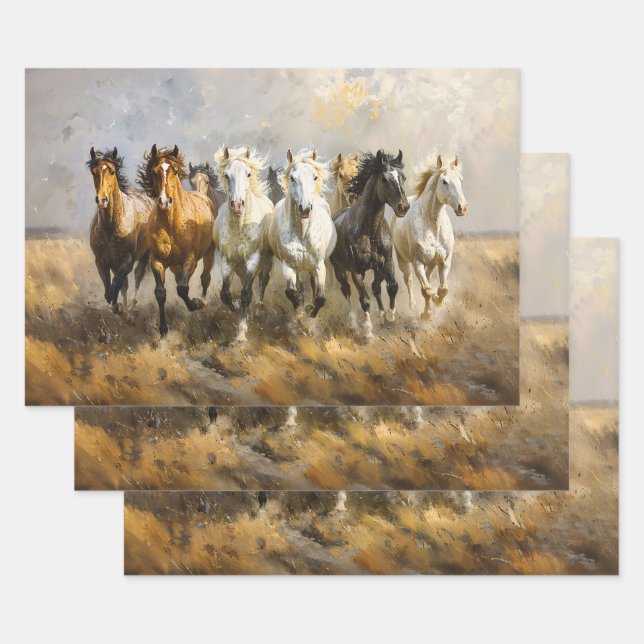 Horse Herd Galloping Painting Decoupage Wrapping Paper Sheet (Set)