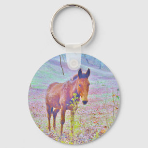 Horse in a Pastel RAINBOW PURPLE FIELD : add name Key Ring