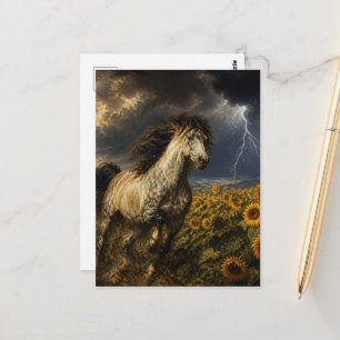 horse in a sunflower field during a thunderstorm postcard