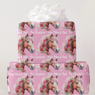 Horse In Christmas Ribbons Add Girl's Name Pink Wrapping Paper