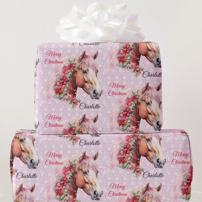 Horse In Christmas Ribbons Add Girl's Name Pink Wrapping Paper (Creator Uploaded)