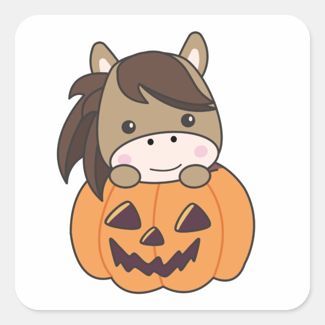 Horse In Pumpkin Sweet Horses Happy Halloween Square Sticker (Front)