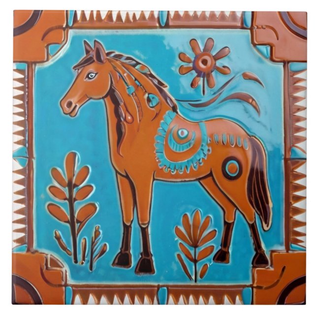 Horse in Southwest style Southwestern Brown & Blue Ceramic Tile (Front)