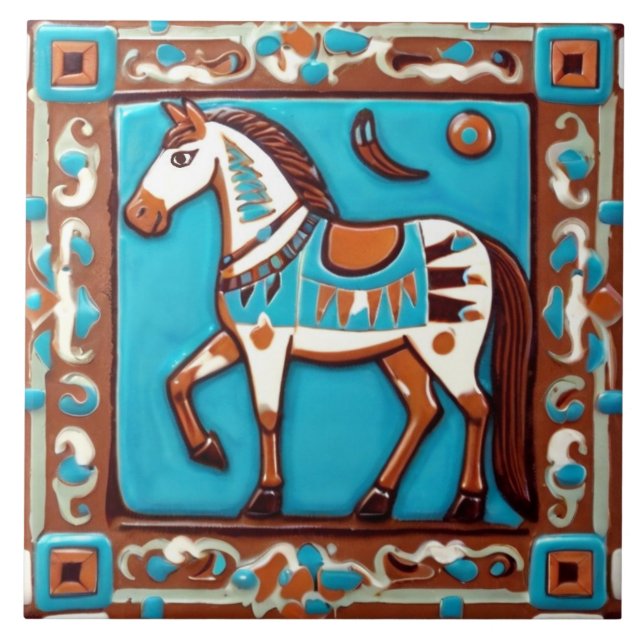 Horse in Southwestern colours Southwest Brown Blue Ceramic Tile (Front)