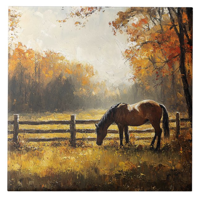 Horse in the Field Golden Hour Painting Ceramic Tile (Front)