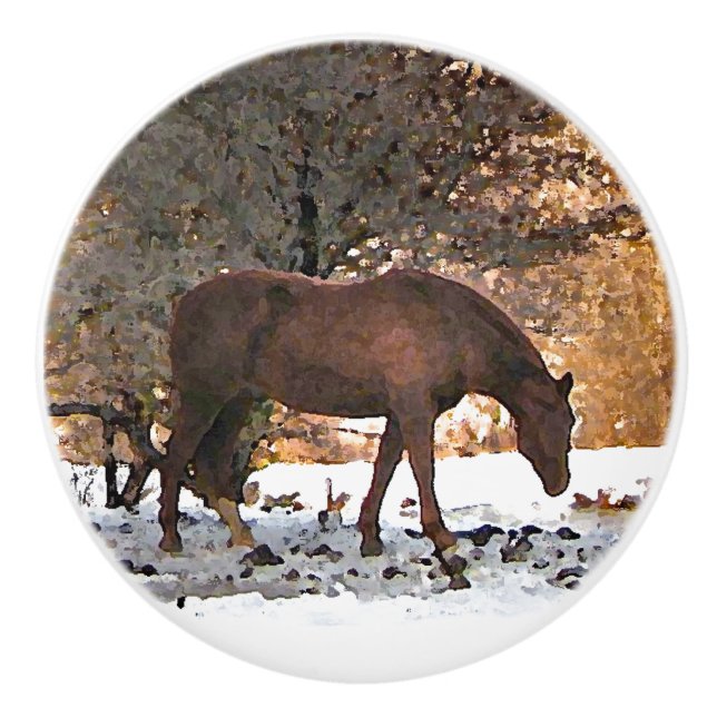 Horse in Winter Snow Ceramic Knob (Front)
