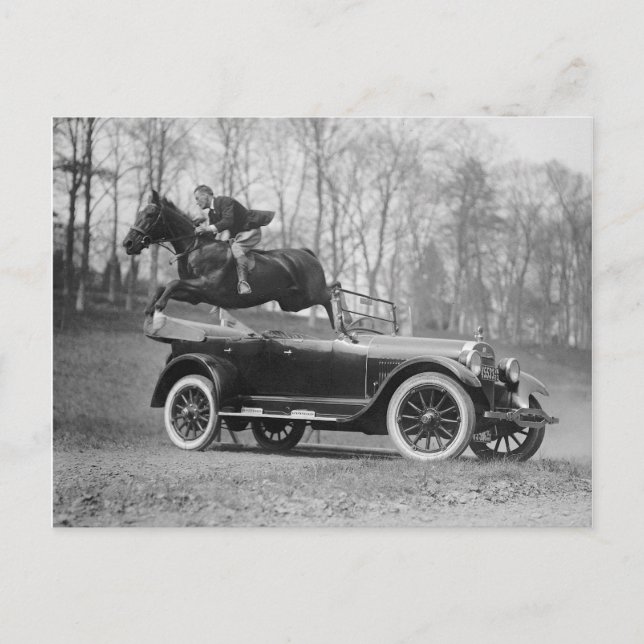 Horse Jumping Over Automobile, 1923 Postcard (Front)