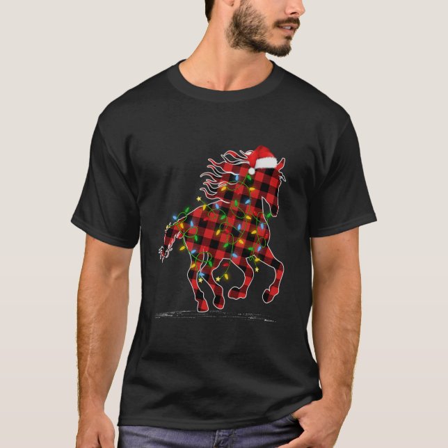 Horse Lights Xmas Pyjamas Buffalo Plaid Horse Chri T-Shirt (Front)