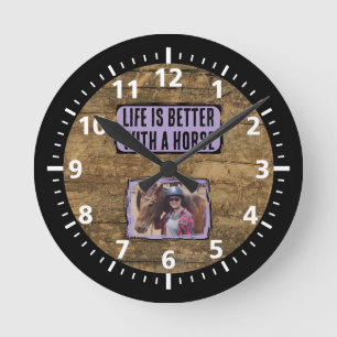 Horse lover 1 photo black purple rustic round clock