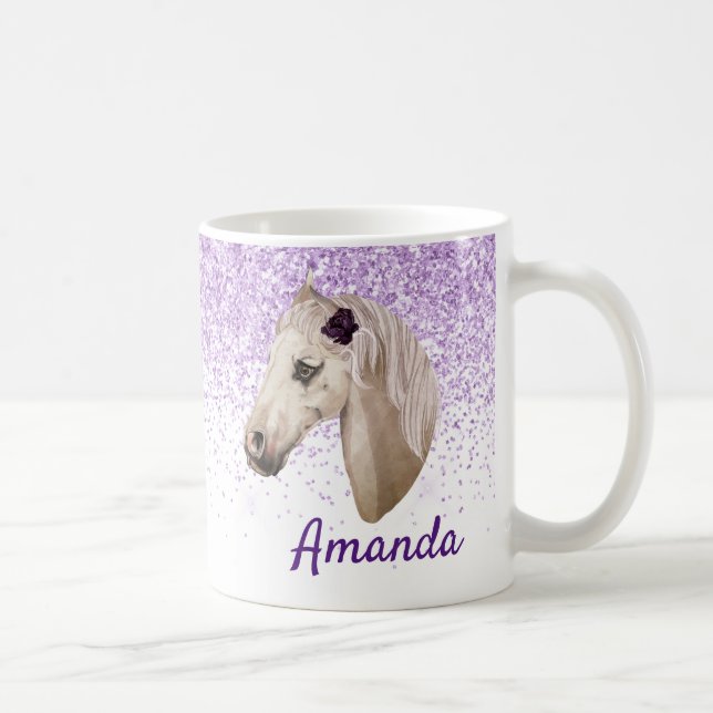 Horse Lover Monogram name Glitter Look purple  Coffee Mug (Right)