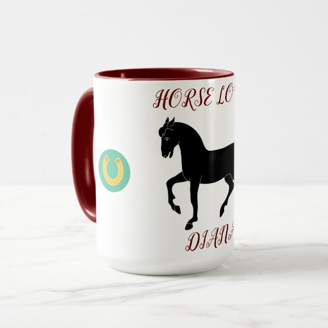 Horse Lover two toned mug with personalised name. (Front Left)