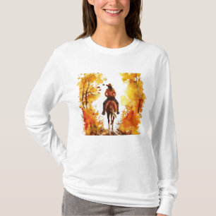 Horse lovers t-shirt with fall trail ride theme.