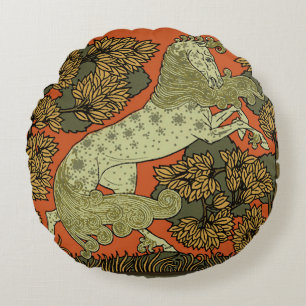 Horse Mediaeval Arts Crafts Art Nouveau  Round Cushion