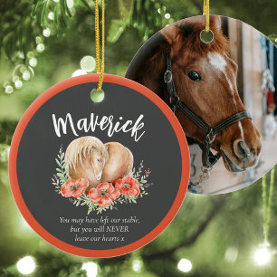 Horse memorial heart poppies watercolor photo grey ceramic ornament