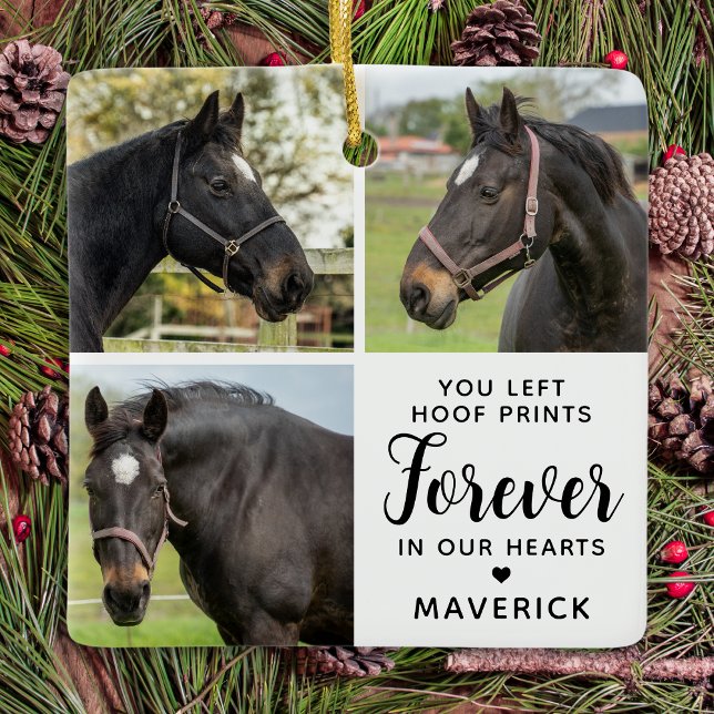 Horse Memorial Personalised 3 Pet Photo Collage Ceramic Ornament (Creator Uploaded)