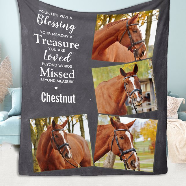 Horse Memorial Personalised Pet Photo Collage Fleece Blanket (Creator Uploaded)
