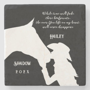 Horse memorial quote black hoofprints stone coaster