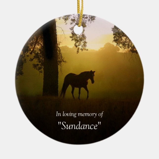 Horse Memorial Sunrise and Oak Tree Ceramic Ornament (Front)