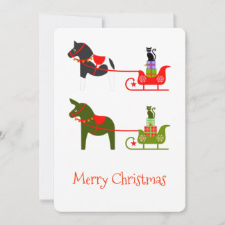 Horse Mule Cat Sleigh ride in green and red Holiday Card