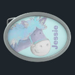 Horse name kids blue belt buckle<br><div class="desc">Equestrian buckle for kids customise with your name or that of your horse or pony. This example reads "Jessie". Cute buckle for young horse riders and kids that love ponies. Perfect for parents of young horse riders and equestrian learning centres and kids riding school camps. Uniquely painted and designed by...</div>