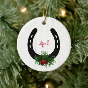 Horse NAME PHOTO Horseshoe Christmas Keepsake Cera Ceramic Ornament