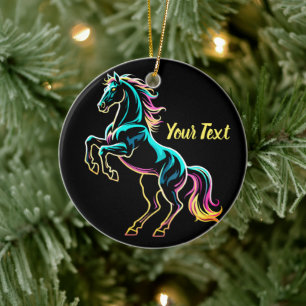 Horse Neon Light Glitch Retro Style Ceramic Ornament