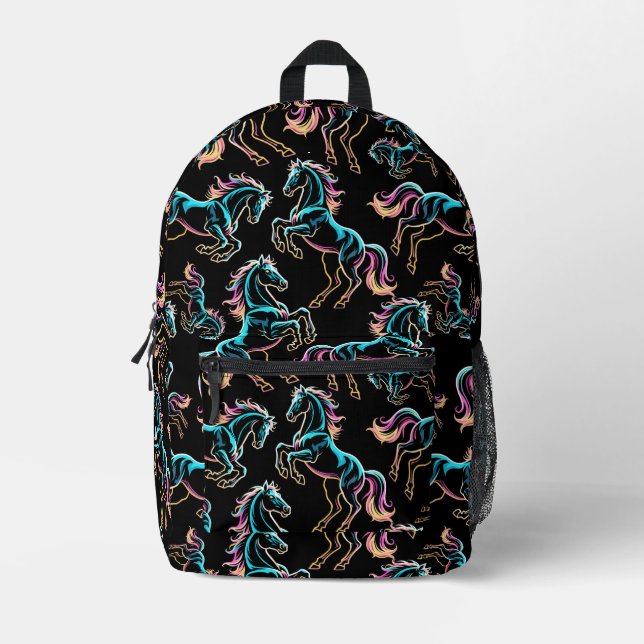 Horse Neon Light Glitch Retro Style Printed Backpack (Front)