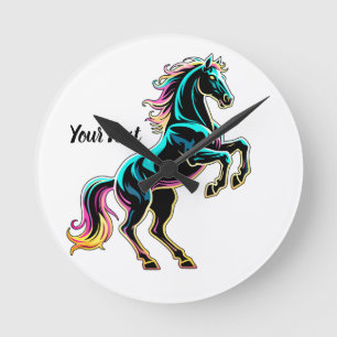 Horse Neon Light Glitch Retro Style Round Clock