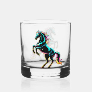 Horse Neon Light Glitch Retro Style Whiskey Glass
