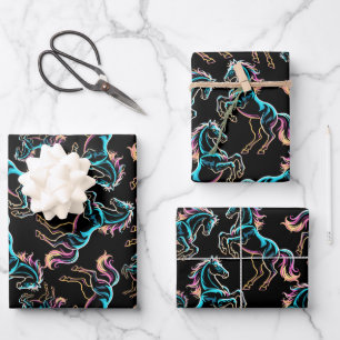 Horse Neon Light Glitch Retro Style Wrapping Paper Sheet