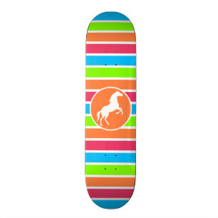 Horse; Neon Orange Pink Blue Green Stripes Skateboard